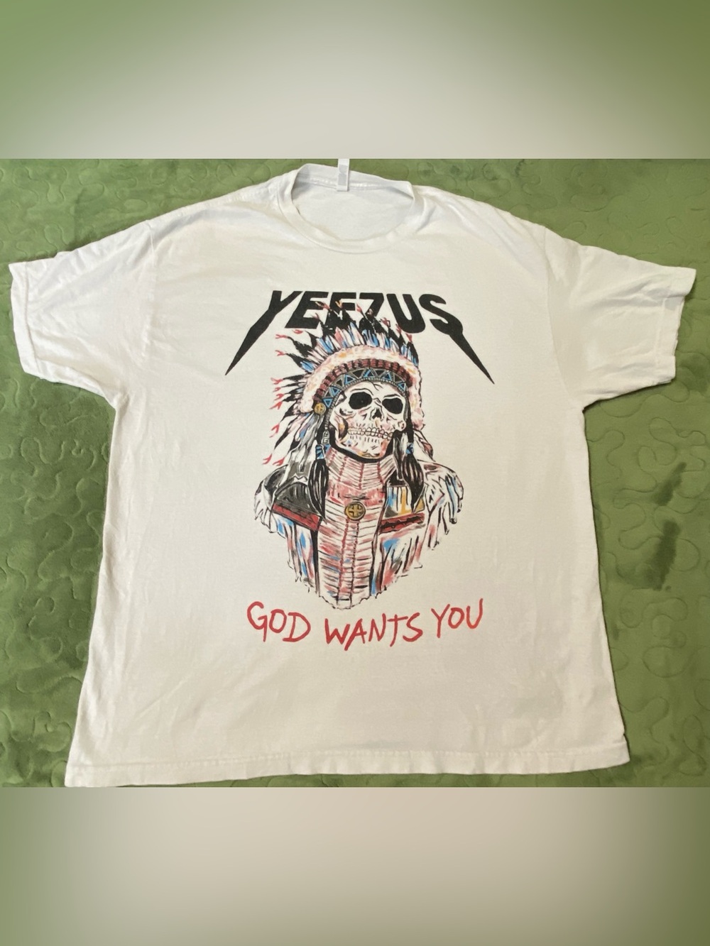 Kanye West Yeezus White Graphic Tee - 'God Wants You' Skull Native Chief, Yeezy